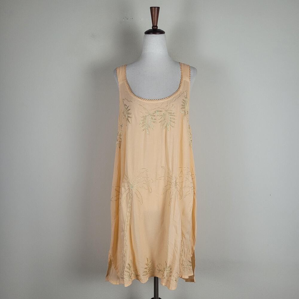 Daisy Island Dress XL Orange Embroidered Sleeveless Boho Swing Sundress Sheer